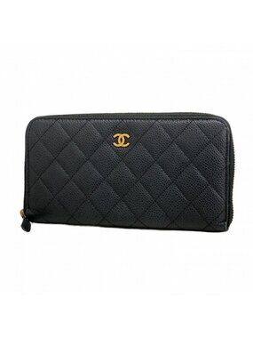 Chanel Wallet Quilted Caviar Leather Black Gold